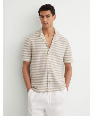 Reiss Oatmeal Striped Crochet Cuban-Collar Shirt - White