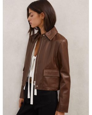 Reiss Collared Leather Jacket - Brown