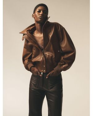Reiss Cara - Chestnut Brown Leather Funnel-neck Bomber Jacket, Us 10