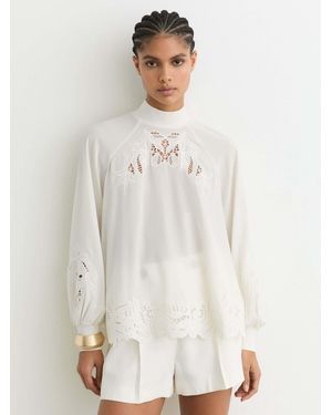 Reiss Broderie Blouson-Sleeve Blouse - White