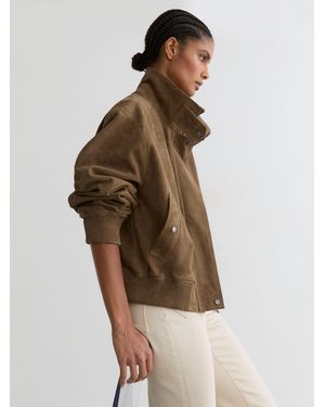 Reiss Cara - Neutral Suede Funnel-neck Bomber Jacket, Us 10 - Brown