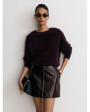 Reiss Cora - Burgundy Leather Crocodile-effect Mini Skirt, Us 8 - Black