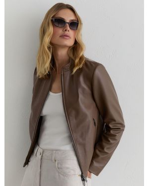 Reiss Leather Collarless Biker Jacket - Brown