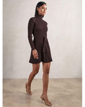 Reiss Vivi - Purple Rib-knit Roll-neck Belted Mini Dress, M - Natural