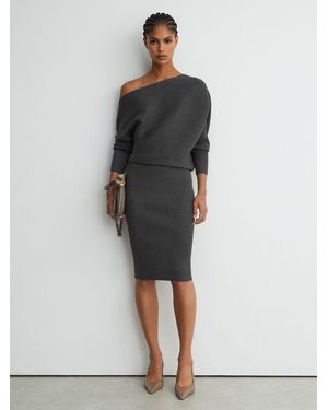 Reiss Off-The-Shoulder Ribbed Midi Dress - Gray