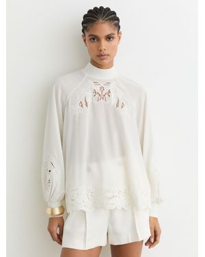 Reiss Broderie Blouson-Sleeve Blouse - White