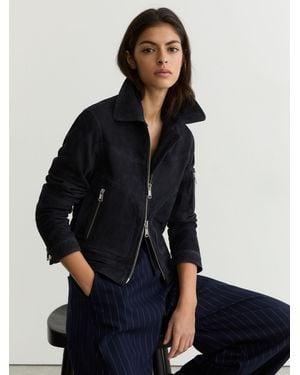 Reiss Tate - Navy Suede Zip-through Jacket, Us 12 - Blue