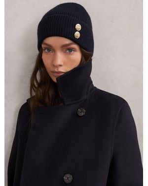 Reiss Bianca - Navy Merino Wool Blend Button Beanie With Cashmere, One - Blue
