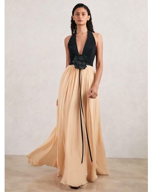 Halston Crepe And Chiffon Maxi Dress - Natural