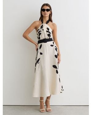 annie denim fit and flare midi dress in white Reiss Annie - White Denim Fit And Flare Midi Dress, Us 14 in Natural