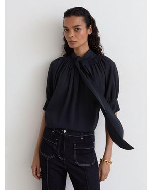Reiss Tie-Neck Short-Sleeve Blouse - Blue