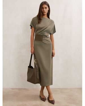 Reiss Ribbed-Panel Draped Midi Dress - Natural