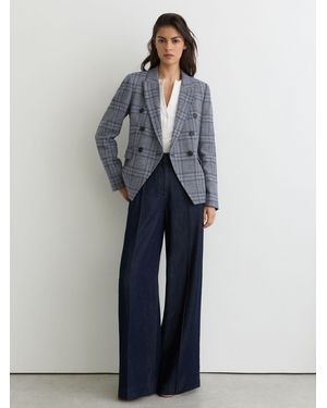 Reiss Check Larissa Double-Breasted Check Blazer Cotton-Linen - Blue