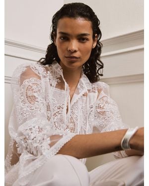 Reiss Sheer Lace Tie-Neck Blouse - Brown