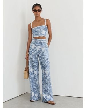 Reiss Mila - Blue Petite Linen Wave-trim Printed Wide-leg Pants, 14