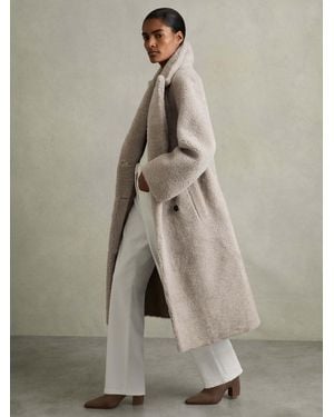 Reiss Double Breasted Long Shearling Coat - Natural