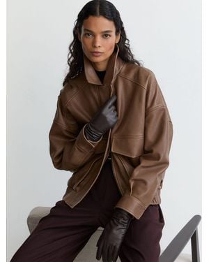 Reiss Petite Grained-Leather Twin-Pocket Relaxed Jacket - Brown
