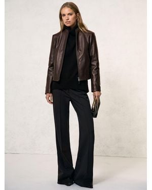 Reiss Allie - Chocolate Brown Petite Leather Collarless Biker Jacket, Us 4