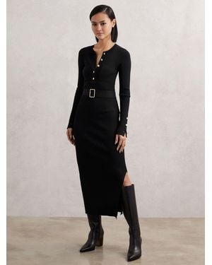 Reiss Rib Knit Buttoned Midi Dress - Black