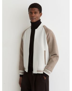 Reiss Off & Oatmeal Wool-Blend Colour-Block Bomber Jacket - Natural
