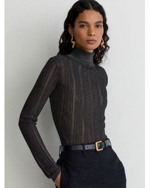 Reiss Sutton - Navy Metallic Open-knit Roll-neck Top, M (us 8-10) - Black