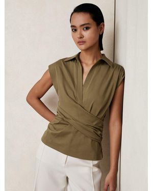 Reiss Stretch-Cotton Wrap-Front Collar Top - Brown