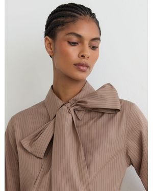Reiss Cotton Striped Tie-Neck Shirt - Brown