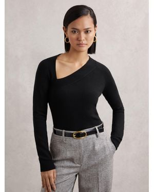 Reiss Zoie - Black Wool-blend Asymmetric Knit Top, L (us 12-14)