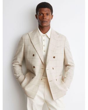 Reiss Elion - Light Oatmeal Classic Fit Wool Windowpane-check Double-breasted Blazer, Us 40 - Natural