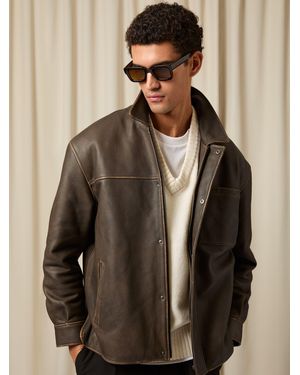 Reiss Pierce - Brown Monogram Embossed Leather Jacket Relaxed-fit, Xl