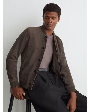 Reiss Suede Button-Through Bomber Jacket - Brown