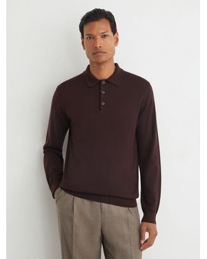 Reiss Merino Wool Long-Sleeve Polo Shirt - Brown