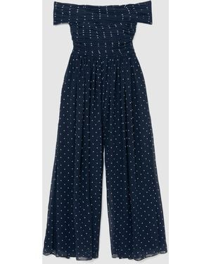 Reiss Polka-Dot Bardot Wide-Leg Jumpsuit - Blue