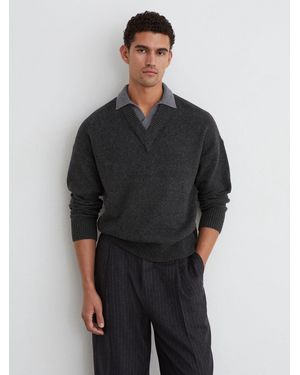 Reiss Wool V-Neck Contrast-Collar Sweater - Black