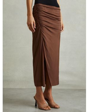 Reiss Ruched Front Split Midi Skirt - Brown