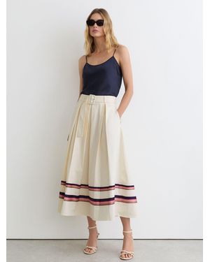 Reiss Rian - Cream Cotton Stripe-detail Belted Midi Skirt, Us 2 - White