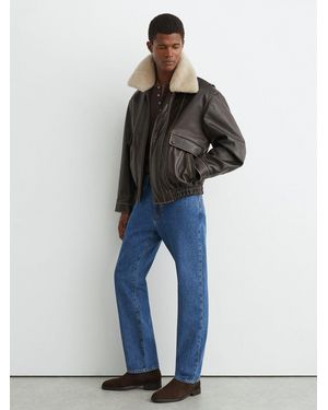 Reiss Leather Shearling-Collar Aviator Jacket - Blue