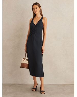 Reiss Pari - Navy Ruched Sleeveless Midi Dress With Linen, Us 0 - Natural