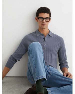 Reiss Dillingham - Steel Blue Wide-ribbed Half-button Polo Sweater, Xl