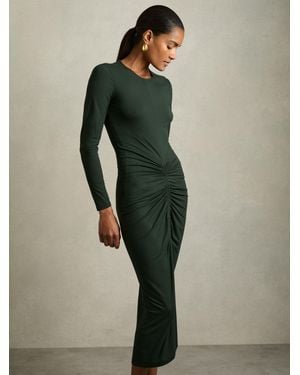 Reiss Stretch Lyocell Ruched Midi Dress in Green | Lyst