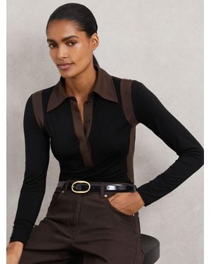 Reiss Chocolate Jersey Colour-Block Collared Shirt - Black