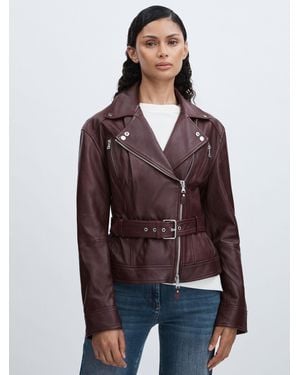 PAIGE Dark Oxblood Leather Belted Moto Jacket - Red