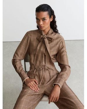 Reiss Check Tie-Neck Blouse - Brown