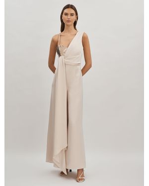 Halston Satin Sequin Wide Leg Jumpsuit - Natural