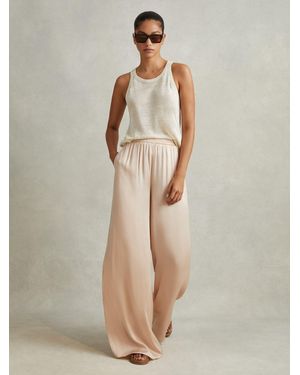 Reiss Petite Satin Elasticated Waist Wide Leg Pants - Natural