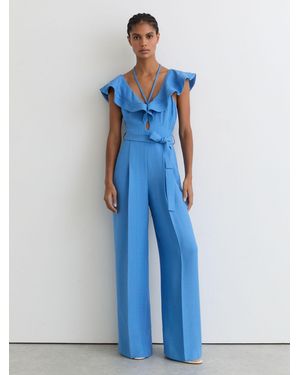 Reiss Sophia - Blue Ruffle Tie-neck Wide-leg Jumpsuit, Us 2