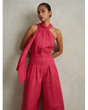 Reiss Selena - Coral Petite Linen Blend Drape Jumpsuit, Us 0 - Red