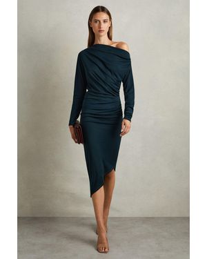 Reiss Fleur - Teal Petite Off-the-shoulder Ruched Jersey Midi Dress - Blue