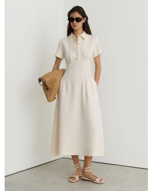 Reiss Mari - Cream Petite Button-neck Short-sleeve Midi Dress, Us 4 - Natural
