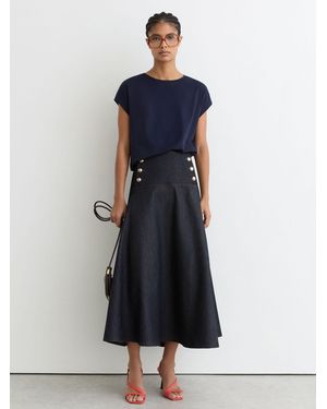 Reiss Petite Button-Detail Denim Midi Skirt - Blue